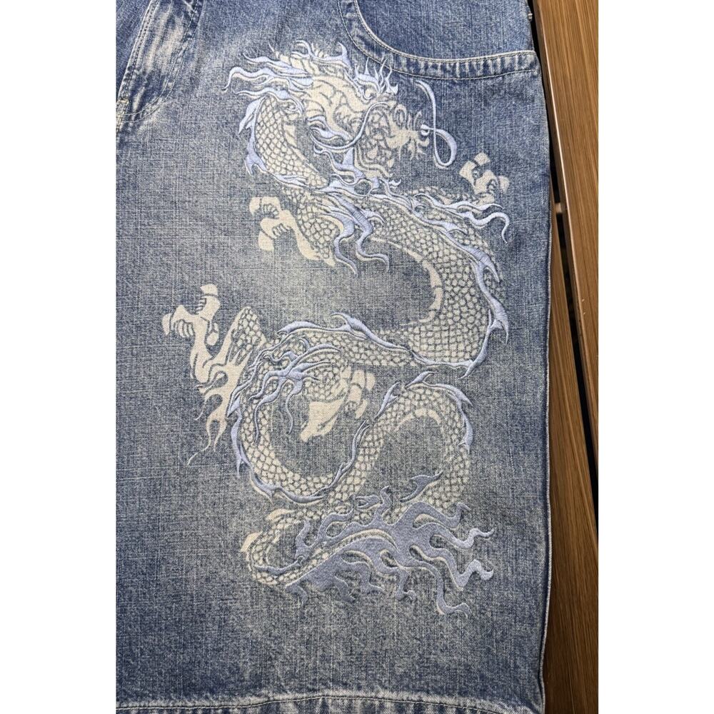 Rare JNCO denim shorts mens size size 38 Y2K dragon design embroidery baggy - Picture 6 of 14